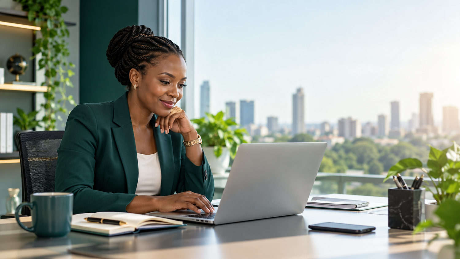 Business professional reviewing her daily tender updates at work