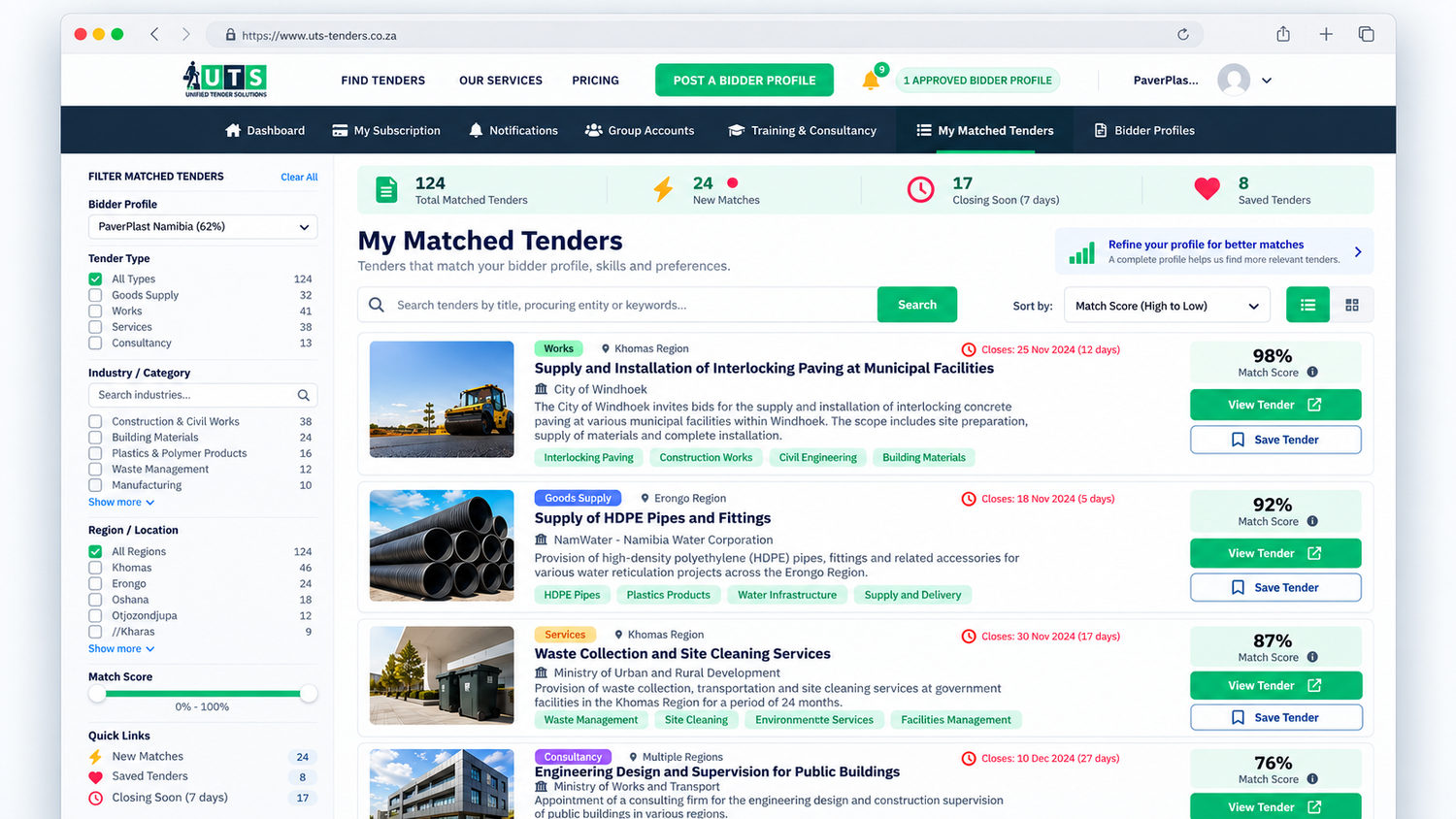 Preview of the UTS My Matched Tenders dashboard with filters and matching scores