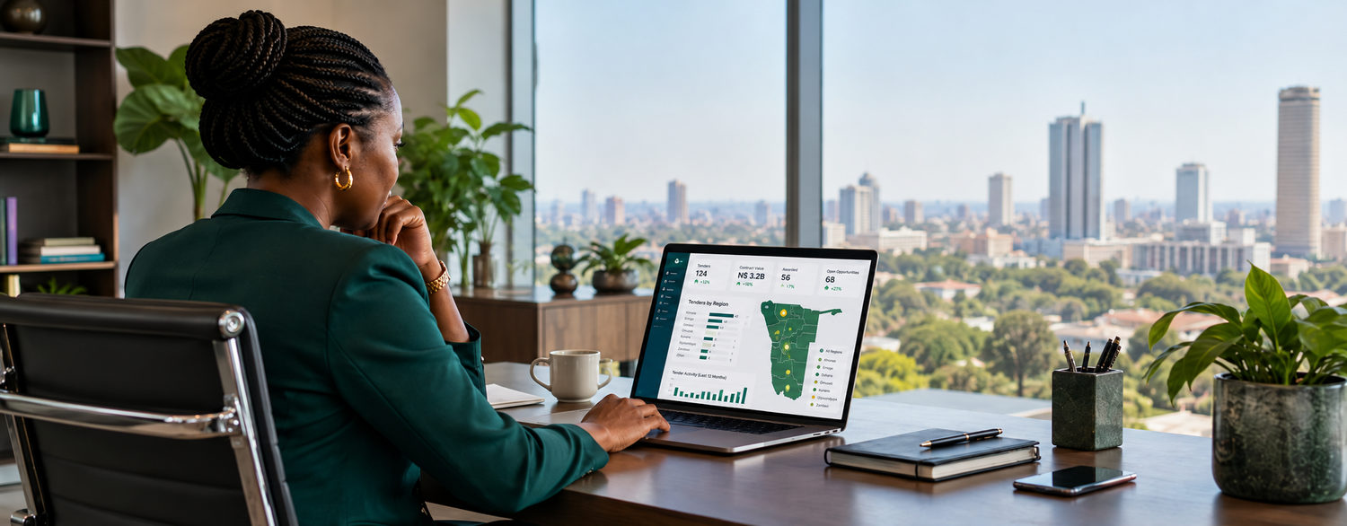 Namibian business professional reviewing procurement opportunities on a laptop